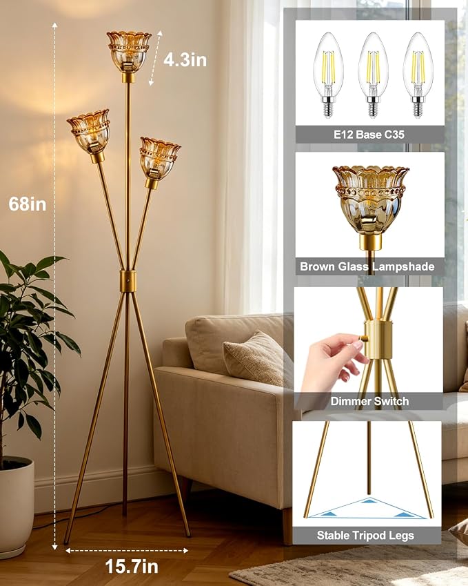 Lightdot 3-Lights Glass Tripod Floor Lamp Gold Dimmable Floor Lamps with 3000K Warm White Bulbs for Wedding Party 62IN Tall Standing Lamp with Amber Glass Shade for Living Room/Bedroom/Home Decor