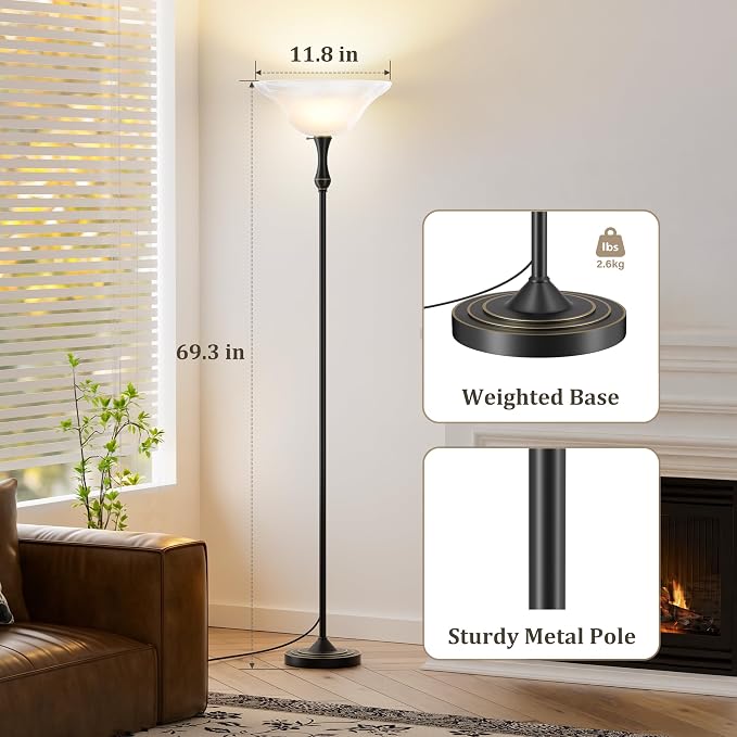 Dimmable LED Torchiere Floor Lamp with Glass Shade | Standing Lamp with Remote & Knob Switch, 3 Color Temperatures, 9W Bulb Included, 69.3" Tall for Living Room, Bedroom & Office