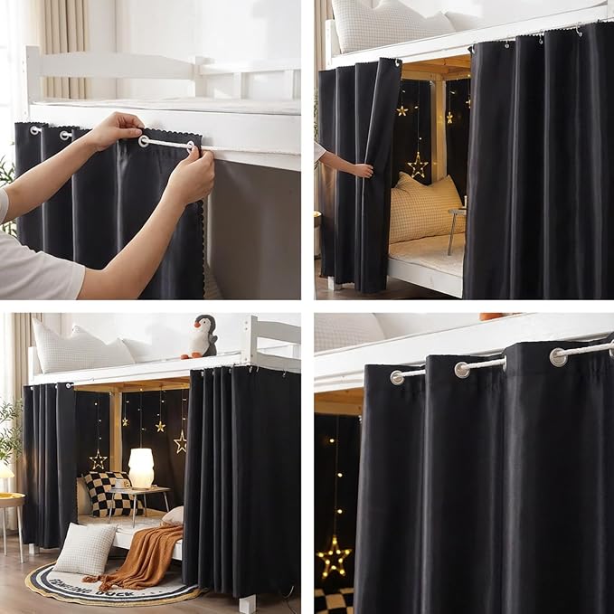 Dorm Blackout Privacy Bottom Bunk Bed Curtains - 2 Panels 78.7"x45.3", No Drill Installation for Twin Loft Beds, Light Blocking Under Bed Canopy with Hanging Hooks & Ropes
