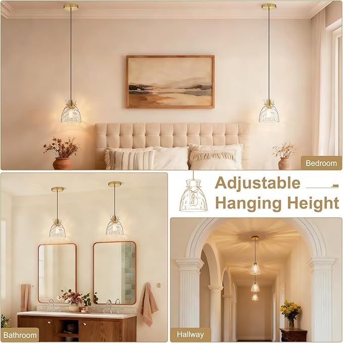Hammered Glass Black Gold Pendant Lights Kitchen Island Lighting, 5.9” Small Single Brass Pendant Light Fixtures, Adjustable Modern Hanging Lights Kitchen Pendant Lighting over Island Sink Bathroom