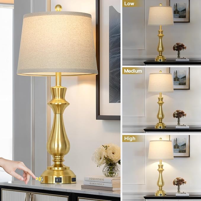 Modern Gold Table Lamps Set of 2 for Living Room,30" Tall Bedside Lamp with USB Charging Port,3-Way Dimmable Touch Nightstand Lamp for Bedroom Desk Side Table Office,Gold