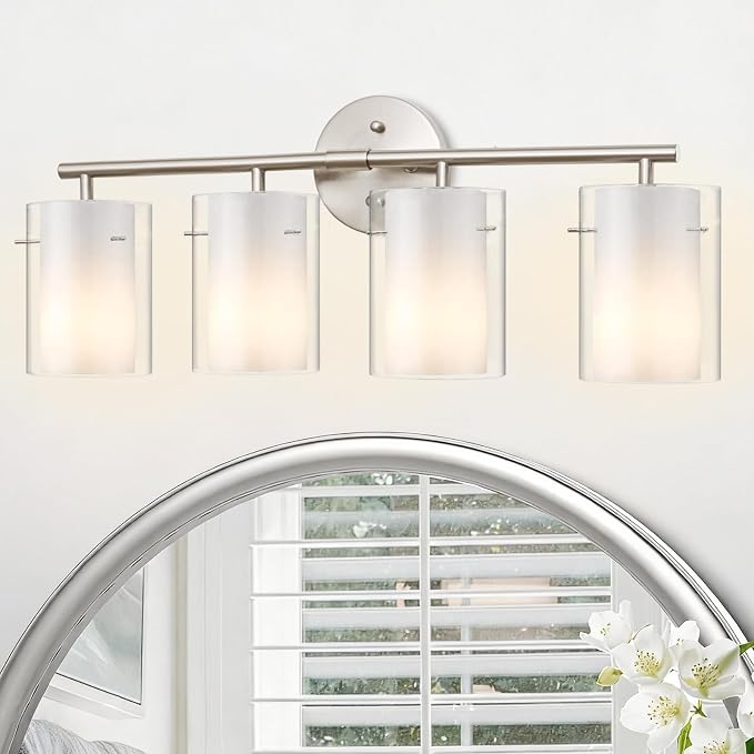 Brushed Nickel Bathroom Light Fixtures Over Mirror, 4-Light 26-Inch Vanity Lights with Dual Glass Shades, Eye-Friendly Modern Vanity Lights for Bathroom Bedroom Living Room Hallway