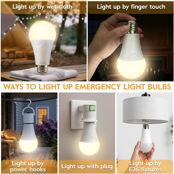 Rechargeable Light Bulbs, 9W Battery Operated Light Bulbs | Power Outage Lights, Emergency Lights for Home Power Failure, 3000K Daylight, 10 Pack