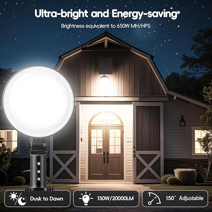 150W 20000LM Dusk to Dawn Outdoor Lighting, LED Barn Lights Outdoor with 150° Adjustable Photocell Pole Light 6500K Flood Light, IP66 Waterproof Area Street Light for Garage Warehouse Yard