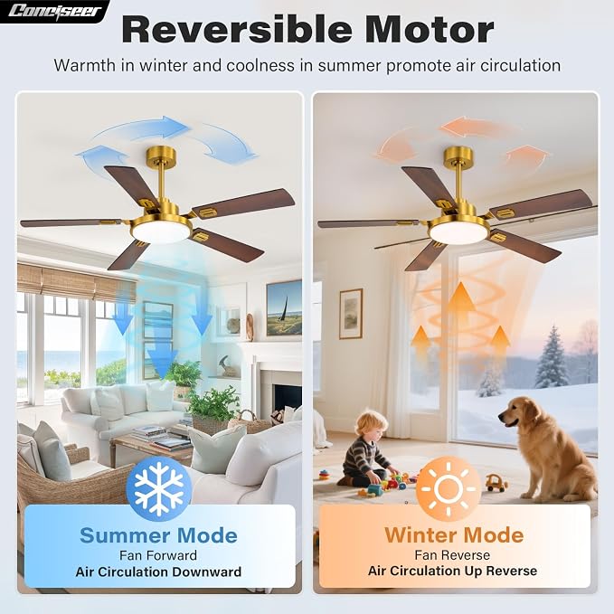 60 Inch Ceiling Fans with Lights and Remote, Bedroom Living Room Office Library Cafe Outdoor Industrial, 5CCT Dimmable, Dual Color 5 Blades, 6 Speed Reversible Quiet DC Motor, Gold/Wood Grain