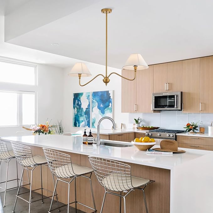 Modern Gold Linear Chandelier for Kitchen Island, 2-Light Linear Light Fixture with Off-White Fabric Shade, Rustic Pendant Light for Dining Room