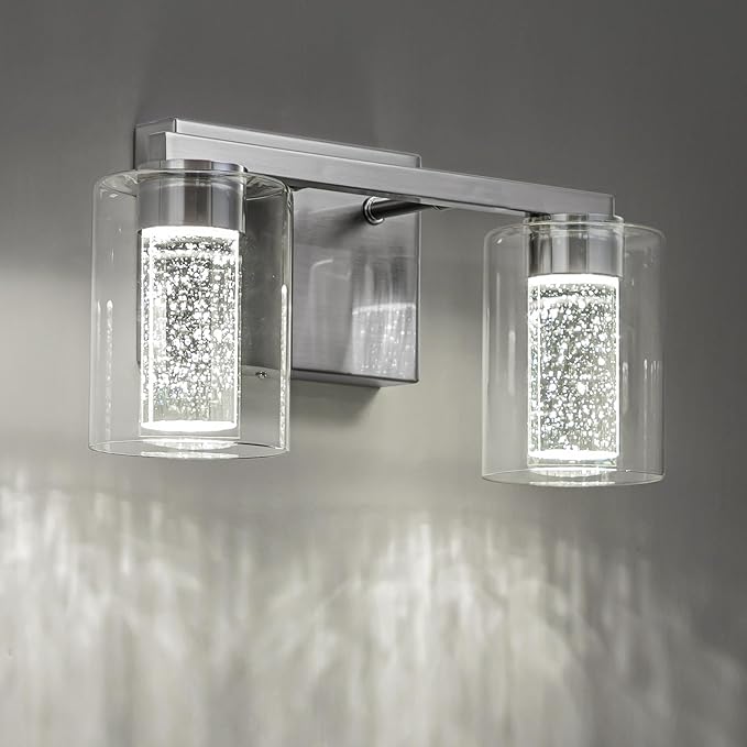 SineRise 2-Light Brushed Nickel Vanity Light with 3 Color Modes (3000K/4000K/6000K), Eye Protection LED Bathroom Light Fixture, Dimmable Modern Wall Light Over Mirror with Clear Glass Shade