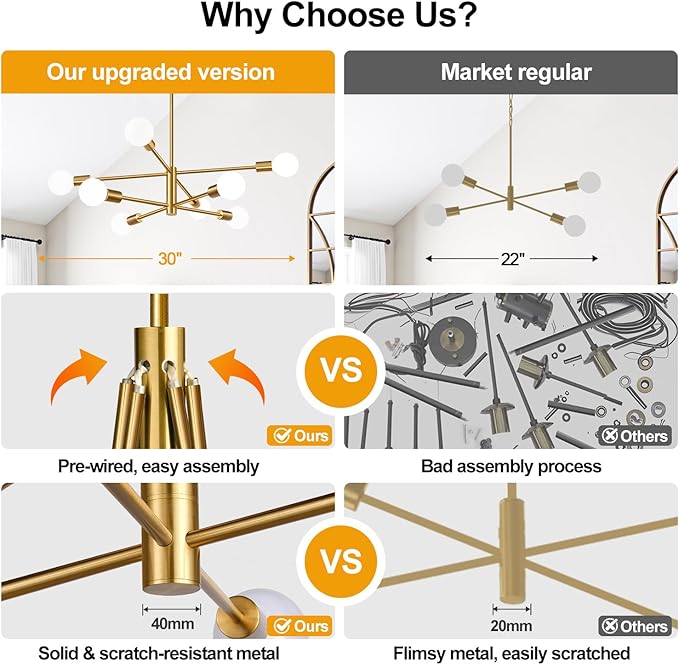 30" Modern Chandelier Ceiling Light Fixture, 8-Light Sputnik Chandeliers Brushed Gold Mid Century Chandelier Over Table, Height Adjustable Chandeliers for Dining Room Kitchen (Bulbs Not Included)