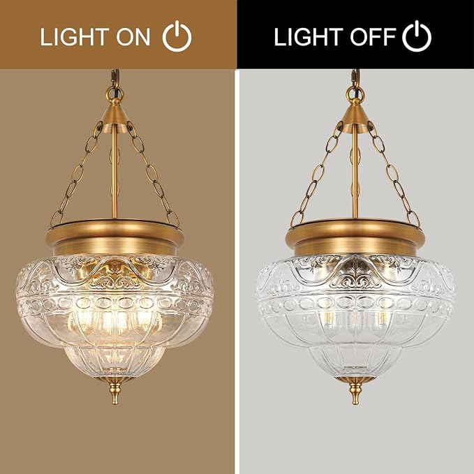 3-Light Brushed Antique Brass Pendant Light Fixtures with 12In Unique Thickened Glass, Vintage Pendant Lights Kitchen Island with Adjustable Chain, Hanging Light Fixtures for Entryway, E26*3