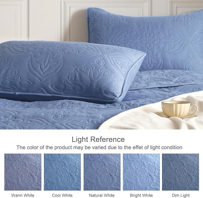 Whale Flotilla Queen Quilt Bedding Set Vintage Damask Reversible Bedspread | Suitable for Bed, 3 Pieces Bluish Grey Lightweight Breathable Quilts Queen Size, Ultrasonic Coverlet with 2 Pillow Shams
