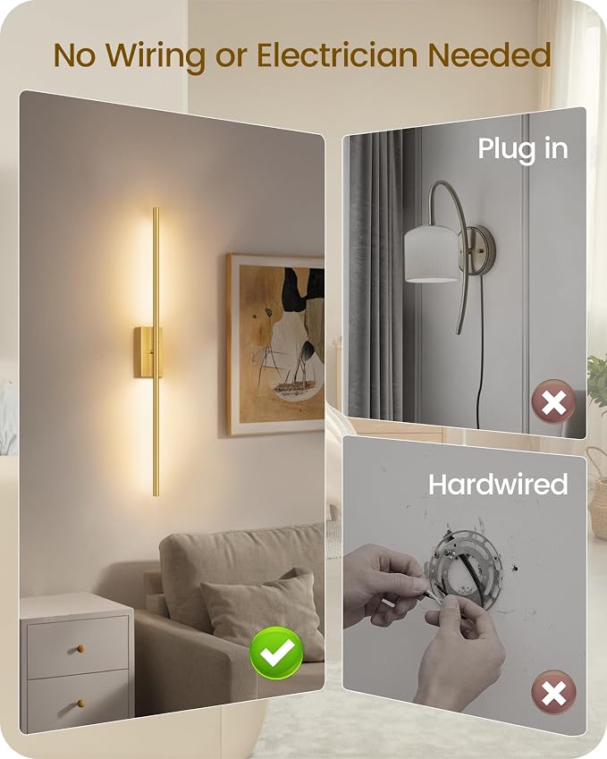 34.6" Wireless Battery Operated Wall Sconces Set of Two,Rechargeable Lamp with Remote, 360° Rotation, 10000mAh Battery, Touch Dimmable Lights for Living Room Hallway Bedroom, Gold D05YBP205