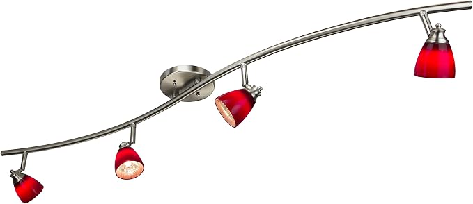 4 Light Adjustable Track Light, Brushed Steel Finish, Red Glass Shade, Ready to Install, Bulb Included, D268-44C-BS-BRED