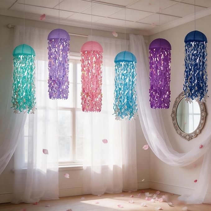 Jellyfish Paper Lanterns with LED Lights Set of 6, Multicolor Dome Hanging Floating Decorations for Under The Sea Party Mermaid Birthday Ocean Classroom Beach Room Aesthetic