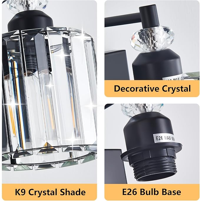 6-Light Black Bathroom Light Fixtures Over Mirror Modern Vanity Lights Crystal Wall Sconce Vintage Bathroom Lighting with Crystal Shade E26 Base for Bedroom, Living Room, Hallway