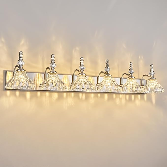 Vintage Bathroom Vanity Light, 6-Light Brushed Nickel Vanity Lighting Fixture with Flower Glass Shade, Bathroom Lighting Fixtures Over Mirror