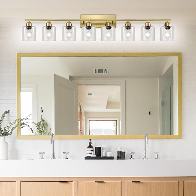 Modern Brushed Gold 8 Light Bathroom Light Fixtures, 52 inch Vanity Lights for Bathroom with Clear Glass, Bathroom Light Fixture for Mirror Kitchen Living Room Hallway Cabinet Porch