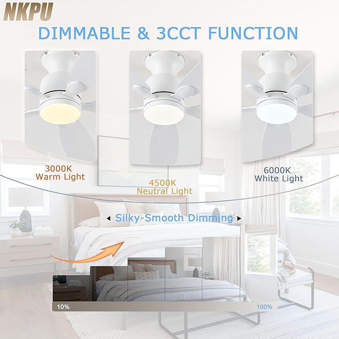 52inch Ceiling Fans with Lights, Low Profile White Ceiling Fan with Light and Remote/APP Control, DC Reversible Motor, Noiseless, Flush Mount Ceiling Fan for Bedroom Living Room Patios