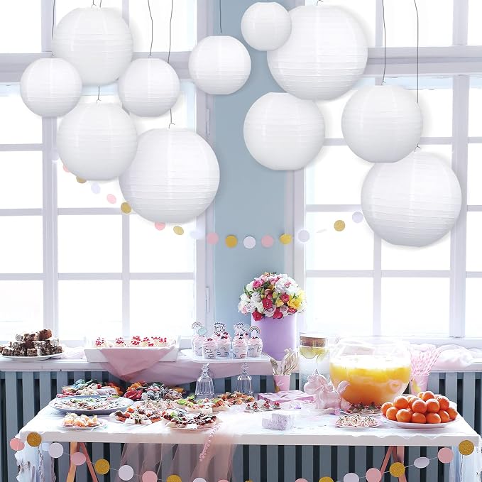 10pcs White Round Hanging Paper Lanterns, 4 Size | Chinese Paper Lanterns, Party Wedding Anniversary Decorations