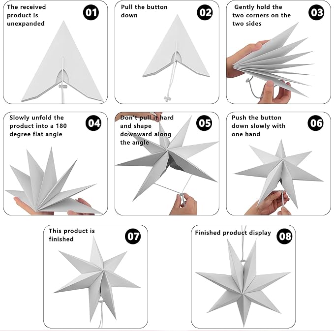 8 Pack 18 Inch/ 14 Inch/ 12 Inch/ 10 Inch 3D Paper Stars 7-Pointed White Hanging Paper Star Decorations for Christmas Holiday Wedding Birthday Party Room Decor, 4 Size