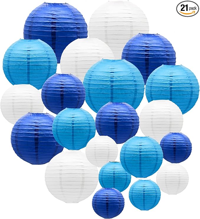 21- Pack Blue Paper Lanterns, Hanging Round Party Decorations | Reusable Indoor & Outdoor Decor for Anniversary, Graduation, Wedding, Birthday, Baby Shower Decorations, 4/6/8/10 inches