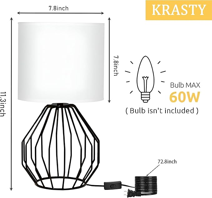 Small Table Lamp Black, Modern Minimalist Desk Lamp with Metal Base White Fabric Shade, Bedside Nightsand Table Lamp for Bedroom, Living Room, Kis Room