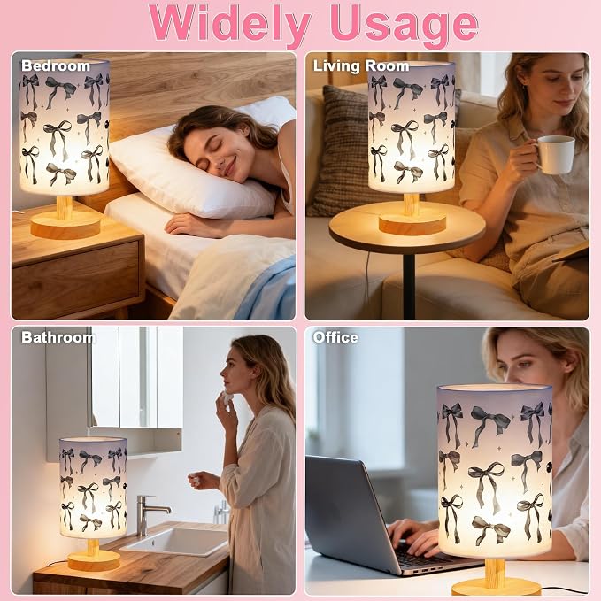 Lonfliness Black Bow Kids Table Lamp Kids Bedside Lamp Bedroom LED Night Light with Linen Wooden Nightstand Cartoon Nursery Lampshade for Girls Boys Living Room