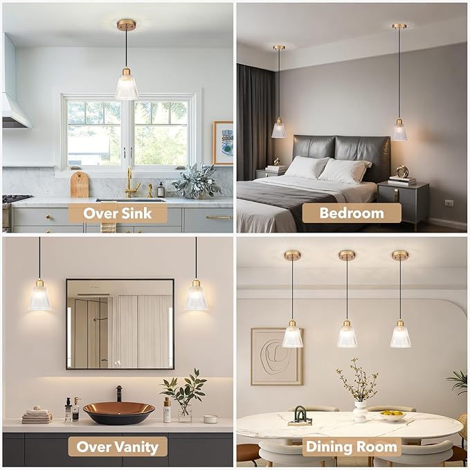 Pendant Lights Kitchen Island, Gold Pendant Light Fixtures with 5.8mm Thick Glass Shade and Adjustable Cord, Modern Pendant Lighting for Bathroom, Dining Room, Bedroom, 3 Pack