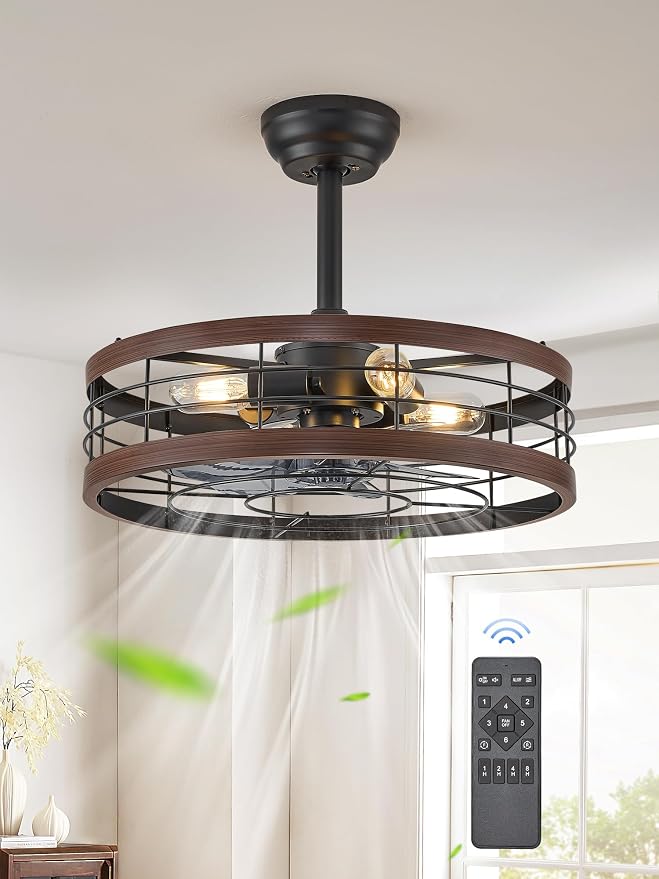 LEDIARY 20 inch Fandelier Caged Ceiling Fan with Light and Remote, Walnut | 6 Speed Adjustable,Timing, Quiet & Powerful DC, Small, Farmhouse, Industrial, Enclosed, Bladeless, Bedroom, Kitchen, Downrod