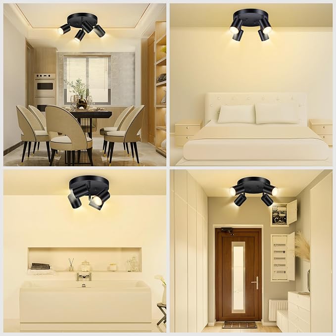 AUQUEE LED 4 Light Track Lighting Kit, LED Track Lighting Fixtures, Black Round Ceiling Spot Lighting, Flexibly Rotatable Light Head for Kitchen, Living Room, Bedroom, GU10 Bulb Not Included