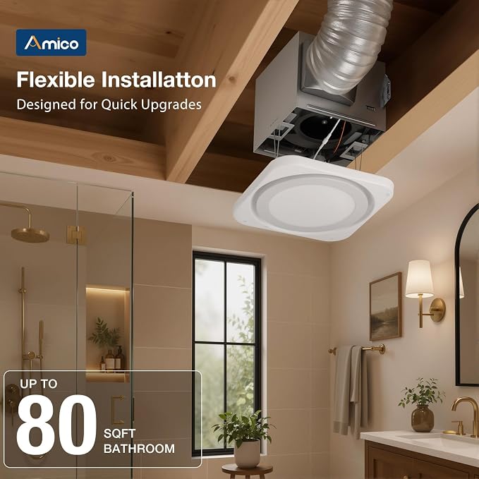 Amico Bathroom Exhaust Fan with Light, 80 CFM, 1.0 Sones, 1400LM, 3CCT | Ceiling Opening 7.6'' x 7.3'', Easy Install & Very Quiet, Ceiling Mount Shower Bathroom Fan with light, FCC Certified