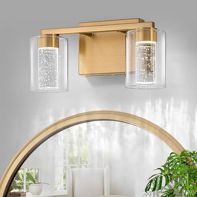 SineRise 2-Light Gold Vanity Light with 3 Color Modes (3000K/4000K/6000K), Eye Protection LED Bathroom Light Fixture, Dimmable Modern Wall Light Over Mirror with Clear Glass Shade