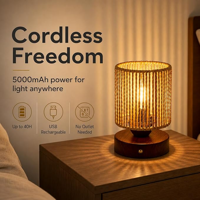Cordless Rattan Table Lamp, 5000mAh Rechargeable Battery Operated Bedside Lamp with Edison Bulb, Stepless Dimmable Boho Cylinder Desk Light for Bedroom Living Room
