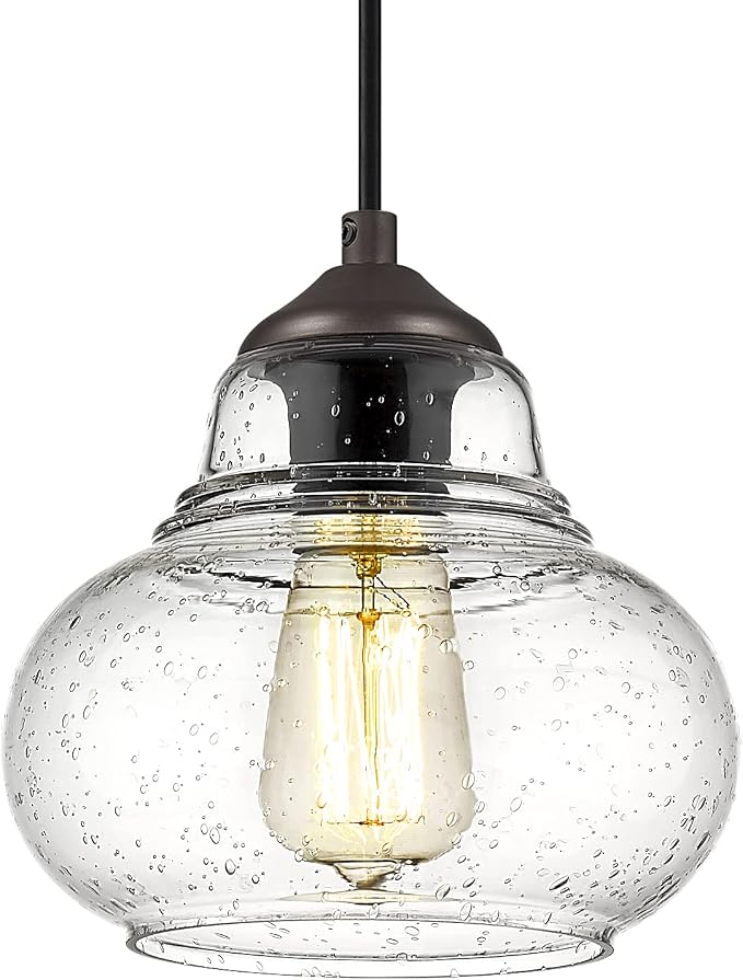 ELYONA 8 Inch Pendant Light Fixtures Seeded Bubble Glass Hanging Light Industrial Pendant Lighting for Kitchen Island Farmhouse Bar Bathroom Dining Room Oil Rubbed Bronze Finish