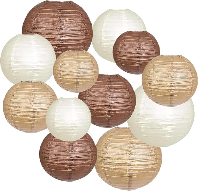 CC wonderland zone 12pcs Brown Cream Paper Lanterns,Hanging Paper Lanterns for Bridal Shower Rustic Boho Birthday Wedding Home Decor Party Decoration