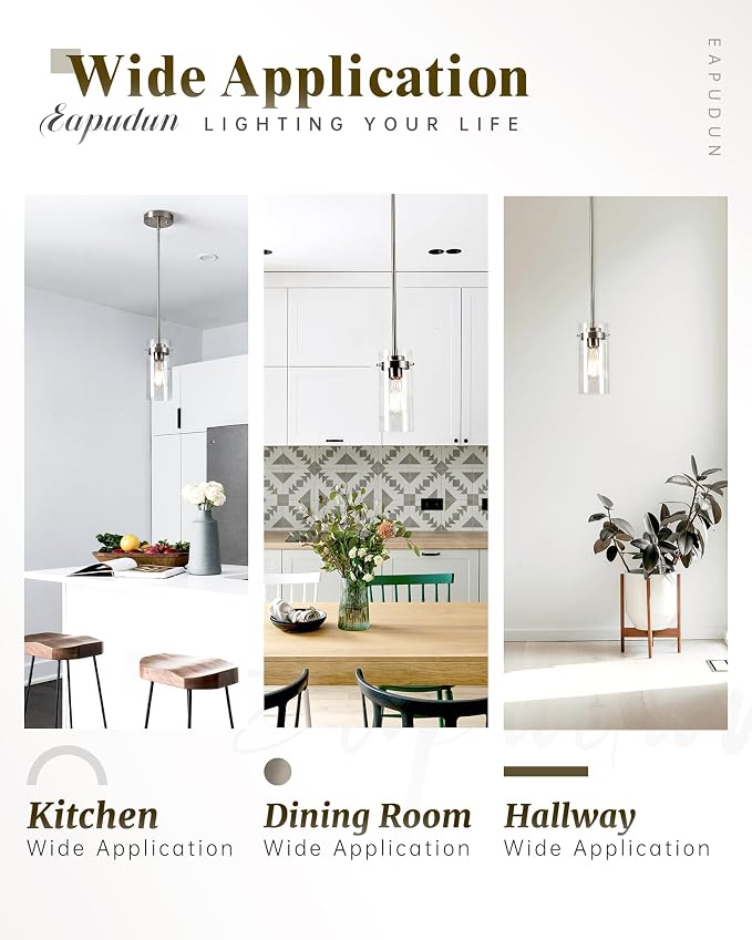 EAPUDUN Pendant Light (2 Packs), Kitchen Ceiling Hanging Light, Adjustable Height, Kitchen Light Fixtures Brushed Nickel Pendant Lights, Farmhouse Pendant Lighting for Sink Island, Home Décor Lighting