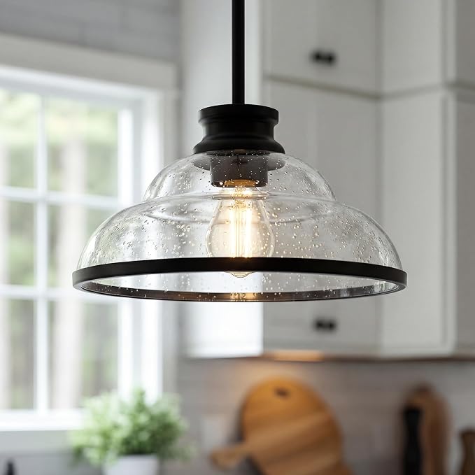 kudos 2-Pack 11" Black Seeded Glass Pendant Lights, KDPL14-BK-2PK | E26 Bulb Base, Hardwired, Farmhouse Styling, Adjustable Hanging Rods for Flat or Sloped Ceilings, for Kitchen Bars