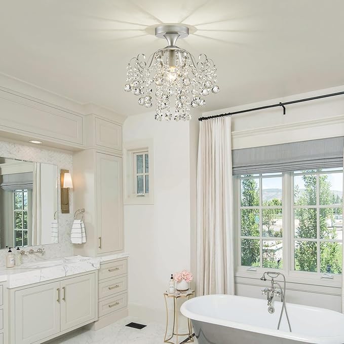 WUZUPS Crystal Chandelier Flushmount Ceiling Light Modern Lighting Fixture for Bedroom Hallway Bar Kitchen Bathroom, H 13.4" x W 12.6", E26 Base, Silver