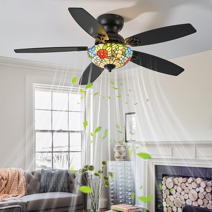 Tiffany Ceiling Fans with Lights-48"Ceiling Fan Chandelier and Glass Shade | 48" Ceiling Fan Chandelier with 5 Dual-Blades and Glass Shade, 6 Speeds and Reversible, Indoor and Outdoor, Retro Style