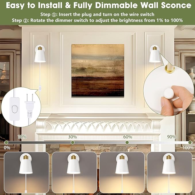 Dimmable Wall Sconces Set of 2, Adjustable Angle Wall Lights with Plug in Cord and Dimmer On/Off Knob Switch, Hardwired Indoor White Wall Lamp for Bedside Bedroom Bathroom (2 Bulbs Included)