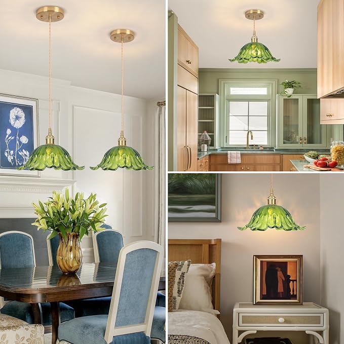 Vintage Pendant Light,Green Glass Light Fixtures,11 inch E26 Flower Pendant Lights Adjustable Hanging Light for Bedroom Hotel Dining Room 1 Pack