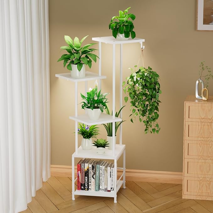 Plant Stand Indoor with Grow Light - 5-Tier Metal Plant Shelf with Hanging Basket Hook, Corner Tall Flower Holder for Multiple Plants, Living Room Balcony Garden Patio, White