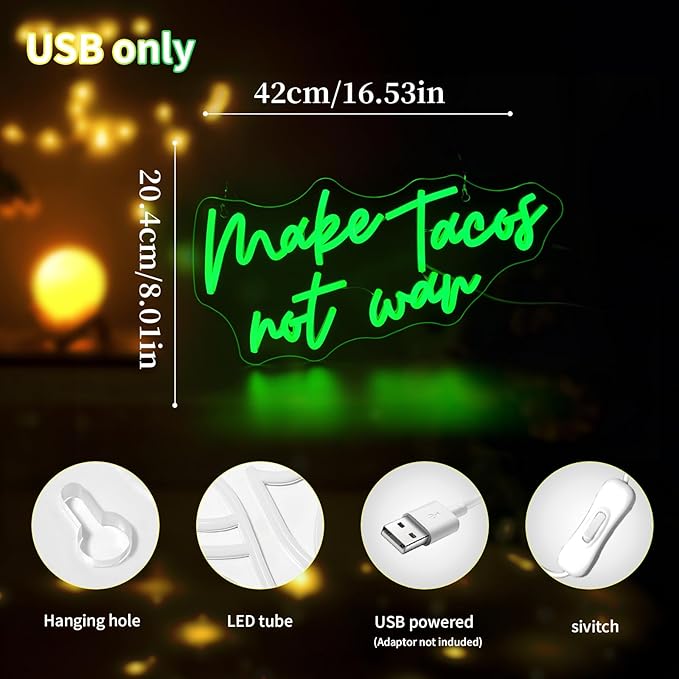 Tacos Neon Sign for Wall Decor Led Neon Signs Light Up Sign Room Decor Neon Lights Sign USB Powered