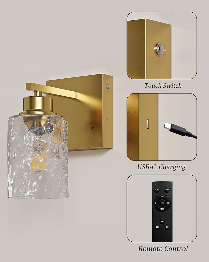 Hammered Glass Wireless Battery Operated Wall Sconces Set of Two Gold | Dimmable Rechargeable Wall Lights with Remote Timer, Easy Install Lamp for Living Room Bedroom, Emergency 3000K