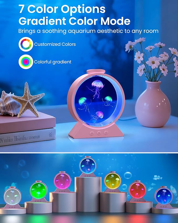 Jellyfish Lamp for Sleep Anxiety Calming Night Light for Bedroom(Pink) | Whisper-Quiet Sensory | 7 Soft Color Modes | Adjustable Water Flow | 8H Auto-Off Timer | Rounded Tank Lamp Gift for All Ages