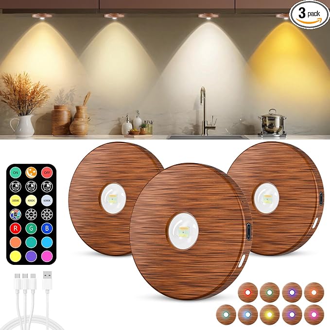 Puck lights with remote, 2000mAh rechargeable cabinet light, Under Cabinet Lighting Wireless, Display Cabinet, Dimmable Magnetic Stick-On Shelf , push lights battery operated，(Wood Color, 3 Pcs)