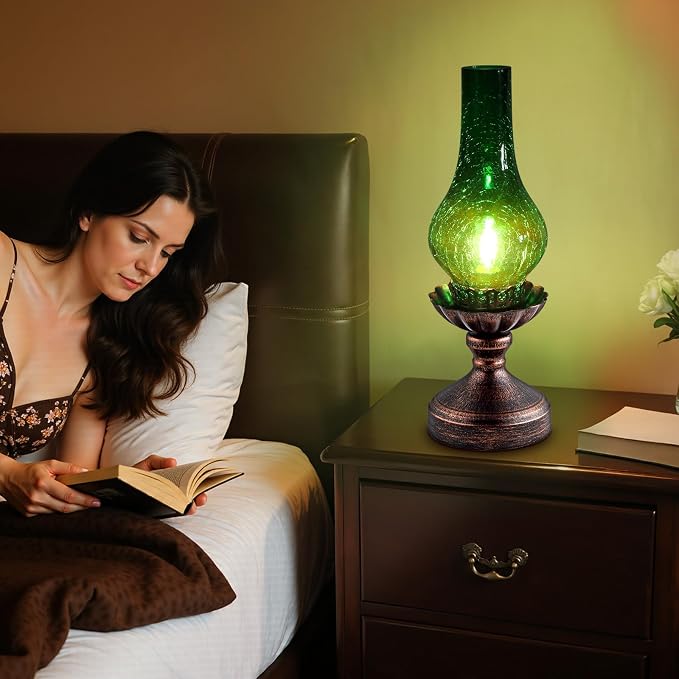 Vintage Table Lamp with Green Crackle Glass Shade,Touch Control & 3-Way Dimmable Rustic Retro Farmhouse Bedside Lamp for Bedroom, Living Room, Cabin, Office (2700K LED Candle Bulb Included)