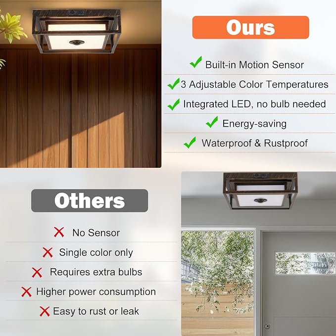 LED Motion Sensor Outdoor Ceiling Light Dusk to Dawn Black Brushed Gold | 10.5", Square, Flush Mount, Adjustable Color, Modern, Waterproof, for Exterior Porch Garage Entryway Patio