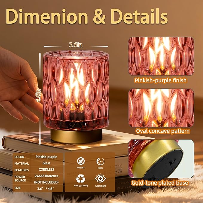 Battery Operated Table Lamp Timer, Small Cordless Lamps Decorative, 2 Pink | Mini Crystal Lamp for Area No Plug, LED Battery Powered Lamps Wireless, Glass Accent Light for Bathroom Fireplace Shelf Decor