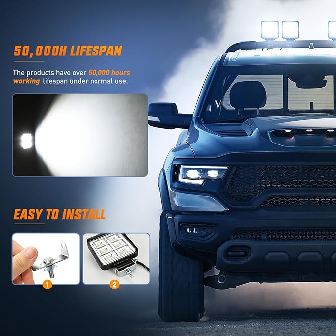 Nilight LED Tractor Lights LED Pod Lights Square 2PCS 4 Inch 48LED Flood LED Light Bar LED Fog Light Driving Light Led Work Light for Truck Off Road Vehicles ATV UTV Boat, 2 Years Warranty