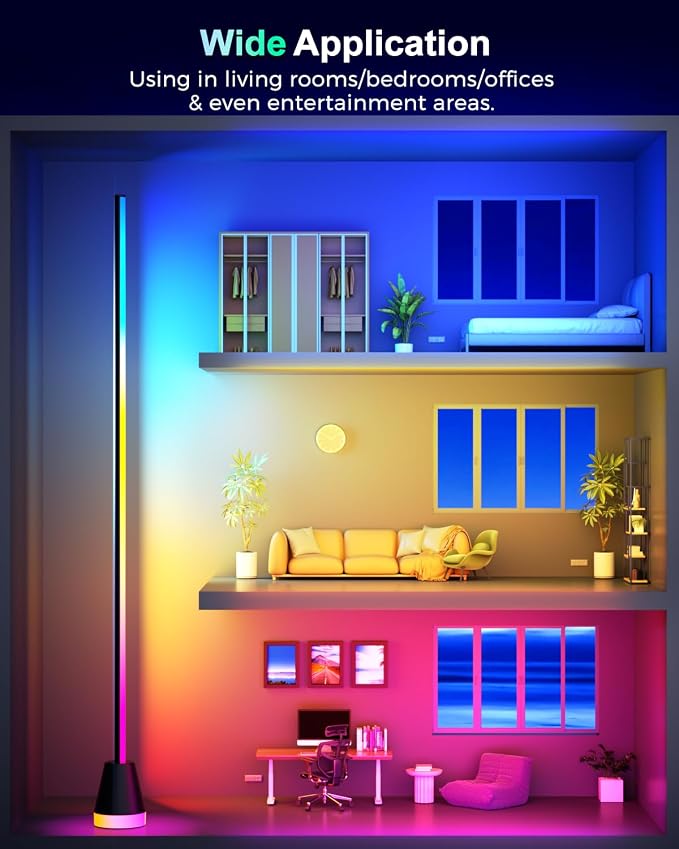 RGBIWC Corner Floor Lamp, Smart Ambient LED Light, Black | 16 Million Colors, Music Sync, Dynamic Lighting, 1800LM Brightness, APP/Remote Control, for Bedroom Living Room Gaming Room